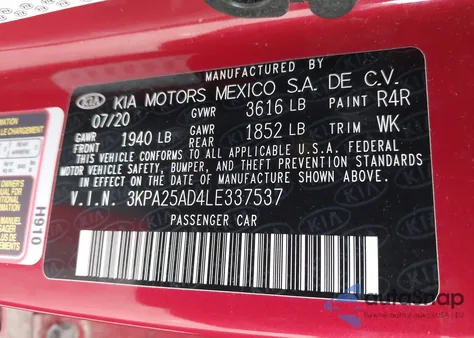 2020 Kia Rio 5-Door S from USA, damaged, VIN 3KPA25AD4LE337537